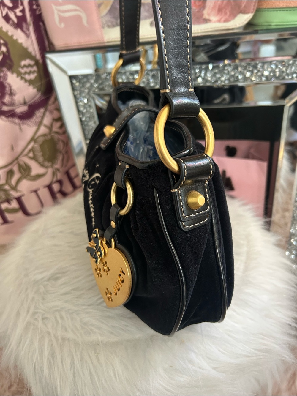 Y2K Vintage 2011 Juicy Couture Black Velour Shoulder Bag Butterfly Heart Charm - Picture 6 of 14